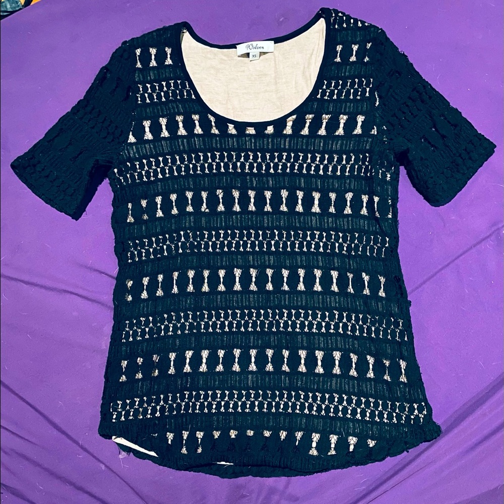Short sleeve knit black top w/blush pink undershirt.XS Wolven by Anthropologie